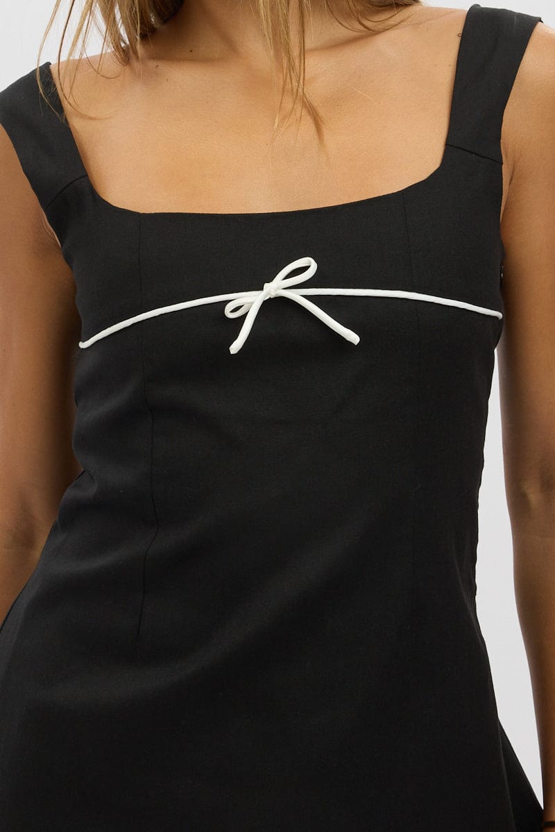 Black Mini Dress Square Neck Mini Ribbon Detail