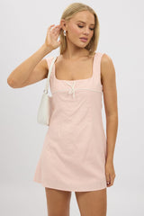 Pink Mini Dress Square Neck Mini Ribbon Detail