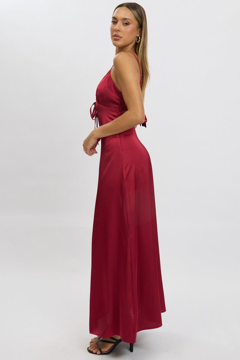 Red Maxi Dress Cut Out Satin