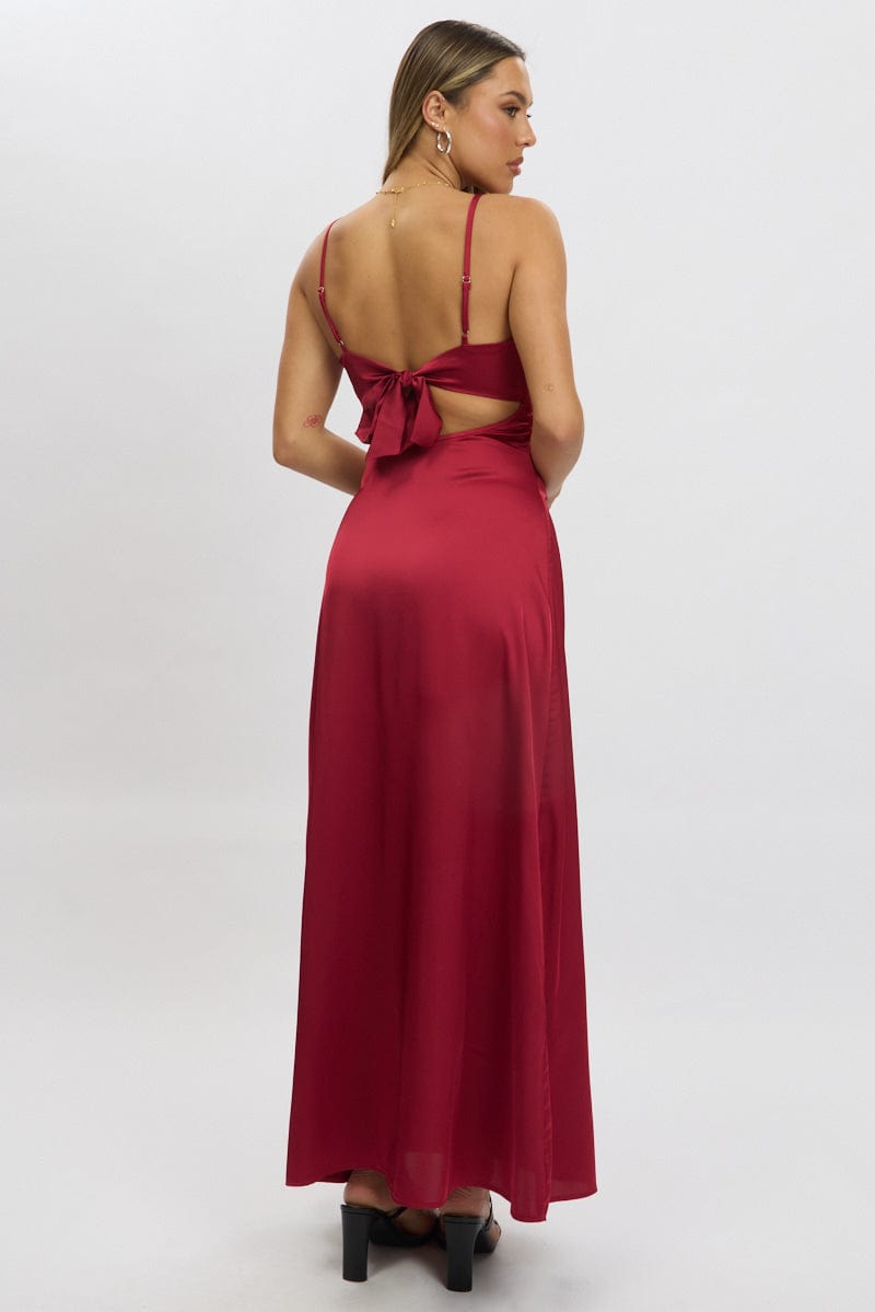 Red Maxi Dress Cut Out Satin