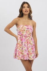 Multi Floral Strapless Dress Bubble Mini