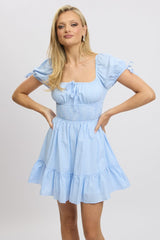 Blue Check Fit And Flare Dress Puff Sleeve Mini