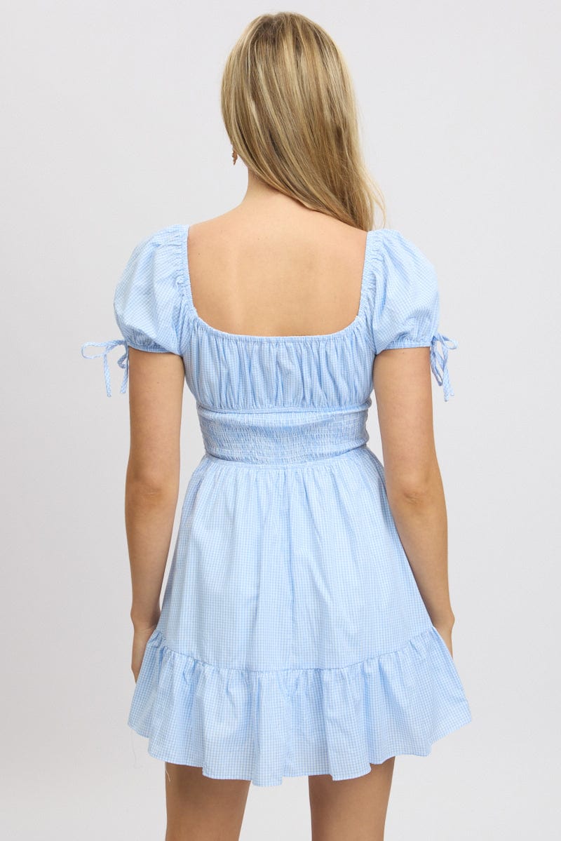 Blue Check Fit And Flare Dress Puff Sleeve Mini