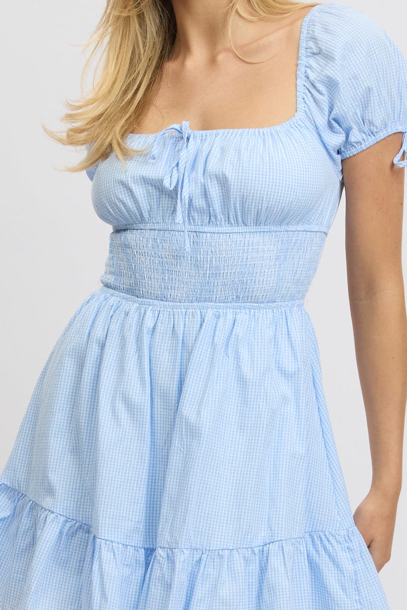 Blue Check Fit And Flare Dress Puff Sleeve Mini