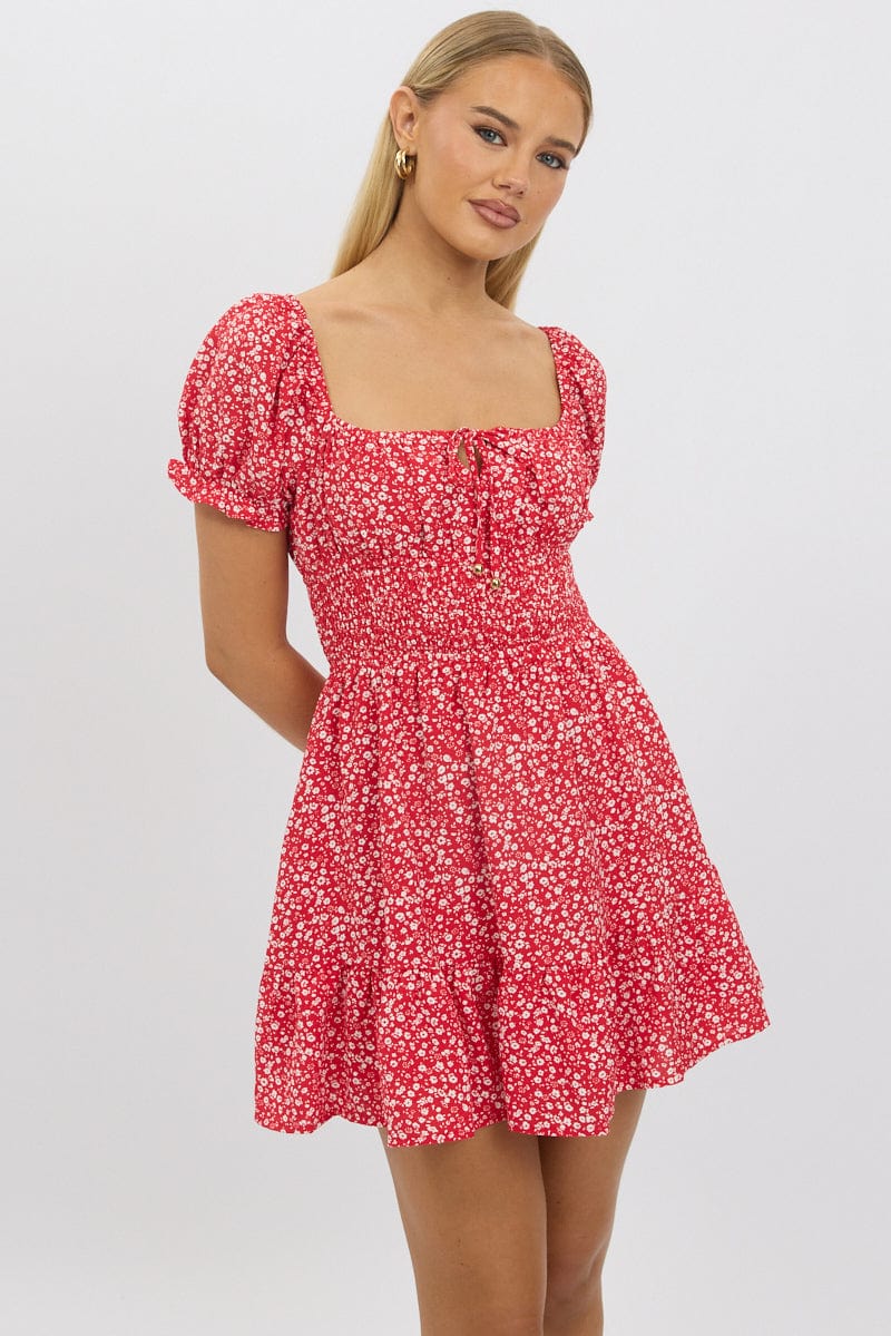 Red Ditsy Fit And Flare Dress Mini