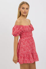 Red Ditsy Fit And Flare Dress Mini