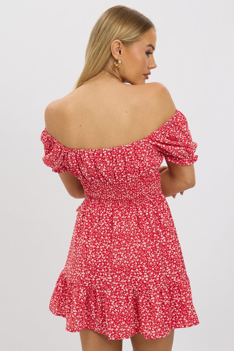 Red Ditsy Fit And Flare Dress Mini