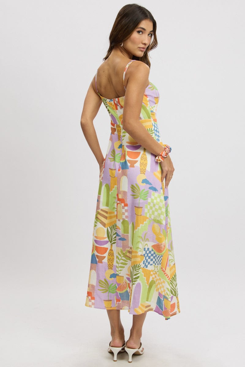Multi Abstract Midi Dress Gathered Bust