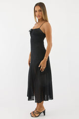 Black Midi Dress Gathered Bust Eyelet Fabric