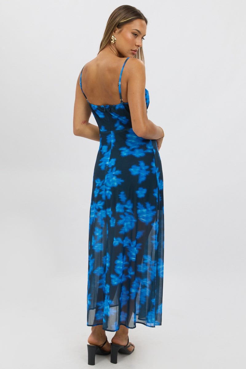 Blue Abstract Midi Dress Gathered Bust
