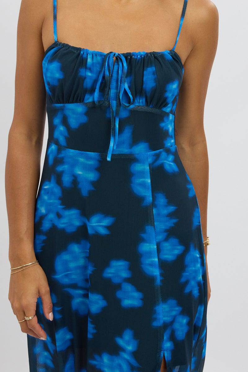 Blue Abstract Midi Dress Gathered Bust