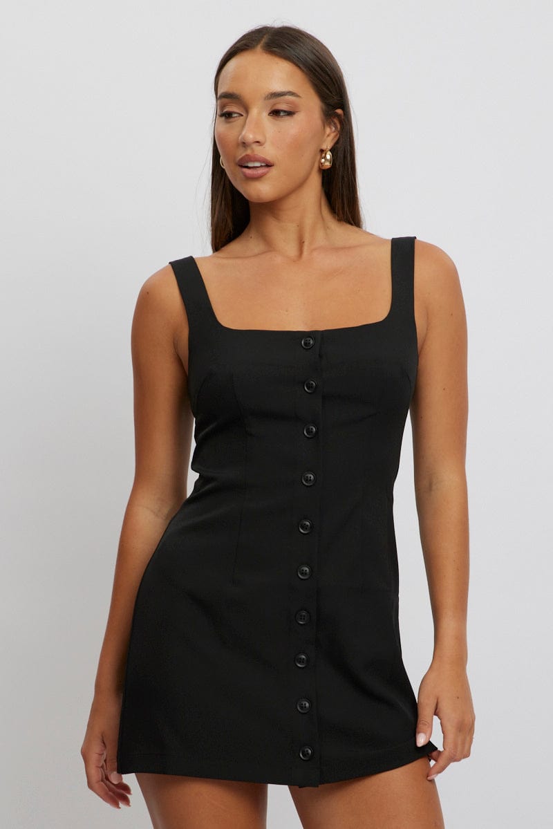 Black Mini Dress Square Neck Button Down