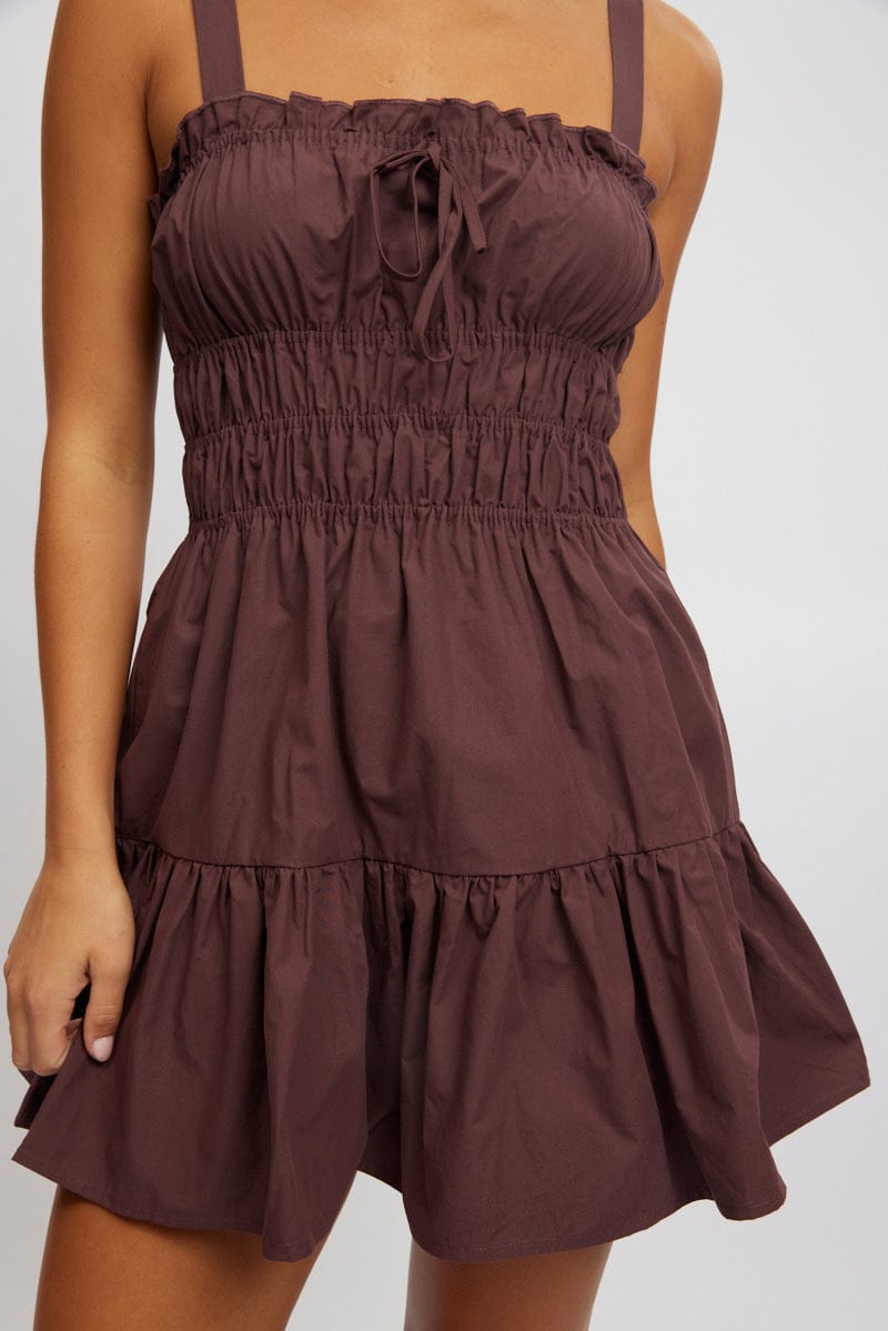 Brown Fit And Flare Dress Mini Poplin