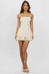 Orange Floral Strapless Dress Mini