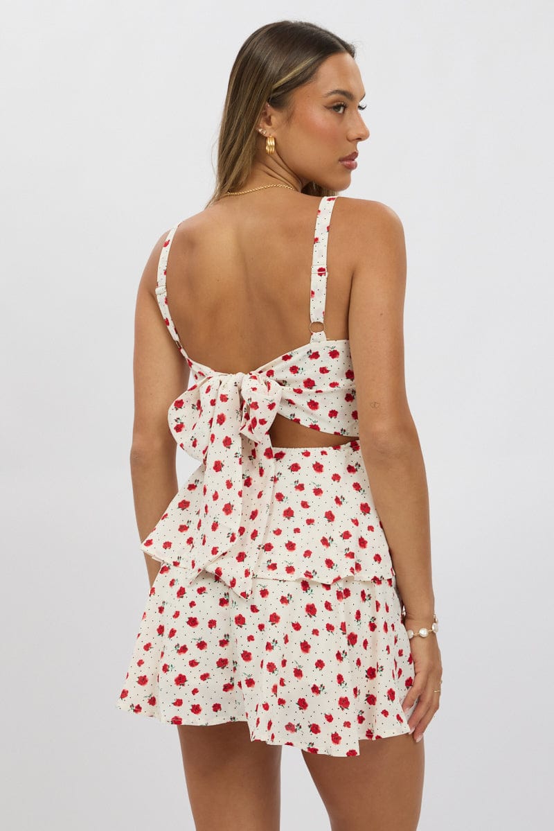 Red Ditsy Fit And Flare Dress Square Neck Mini