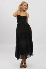 Black Midi Dress Tiered Strappy