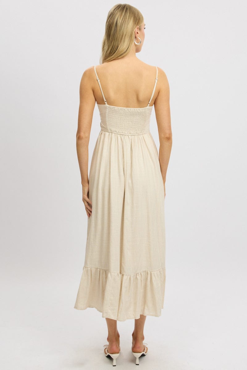 Beige Midi Dress Tiered Strappy