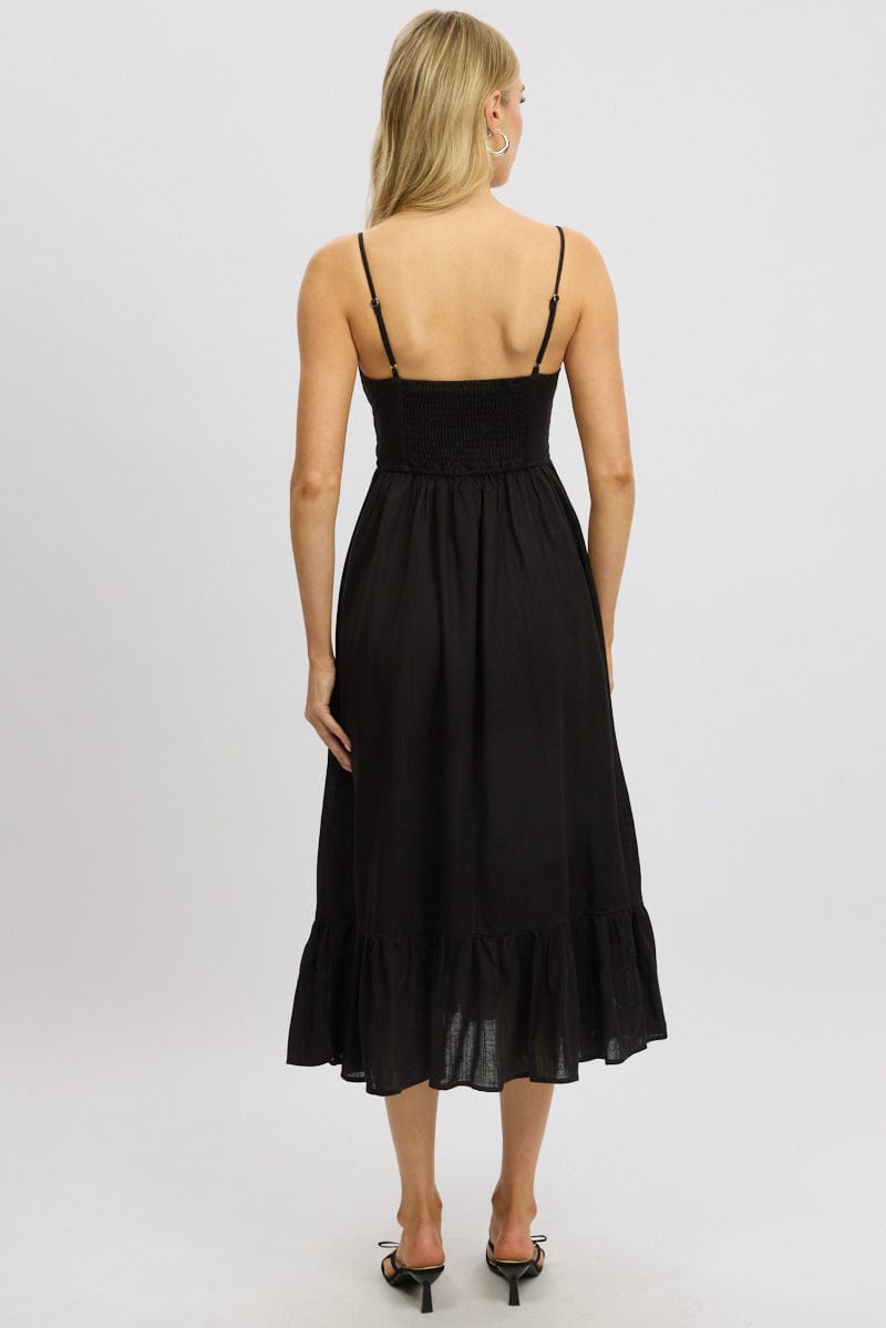Black Midi Dress Tiered Strappy