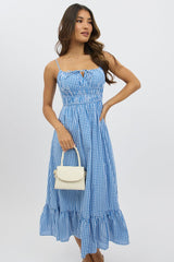 Blue Check Midi Dress Tiered Strappy