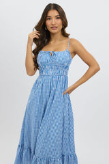 Blue Check Midi Dress Tiered Strappy