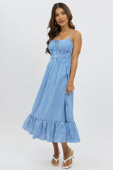 Blue Check Midi Dress Tiered Strappy