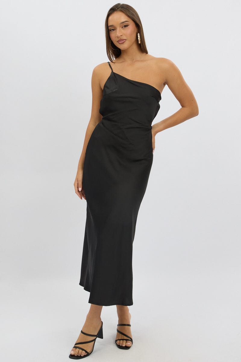 Black One Shoulder Dress Satin