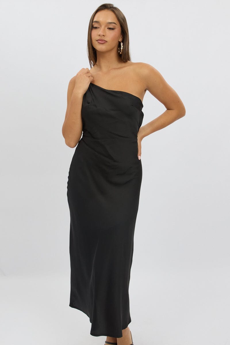 Black One Shoulder Dress Satin