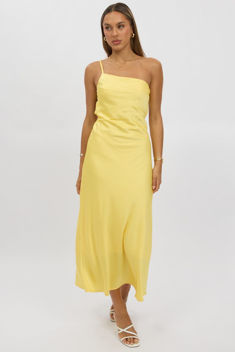 Yellow One Shoulder Dress Satin