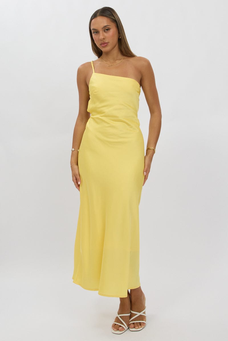 Yellow One Shoulder Dress Satin