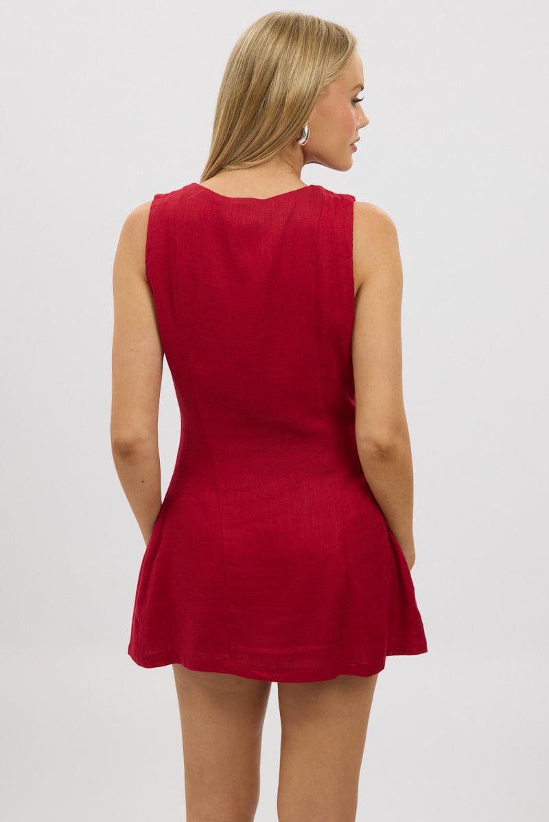 Red Button Through Mini Dress
