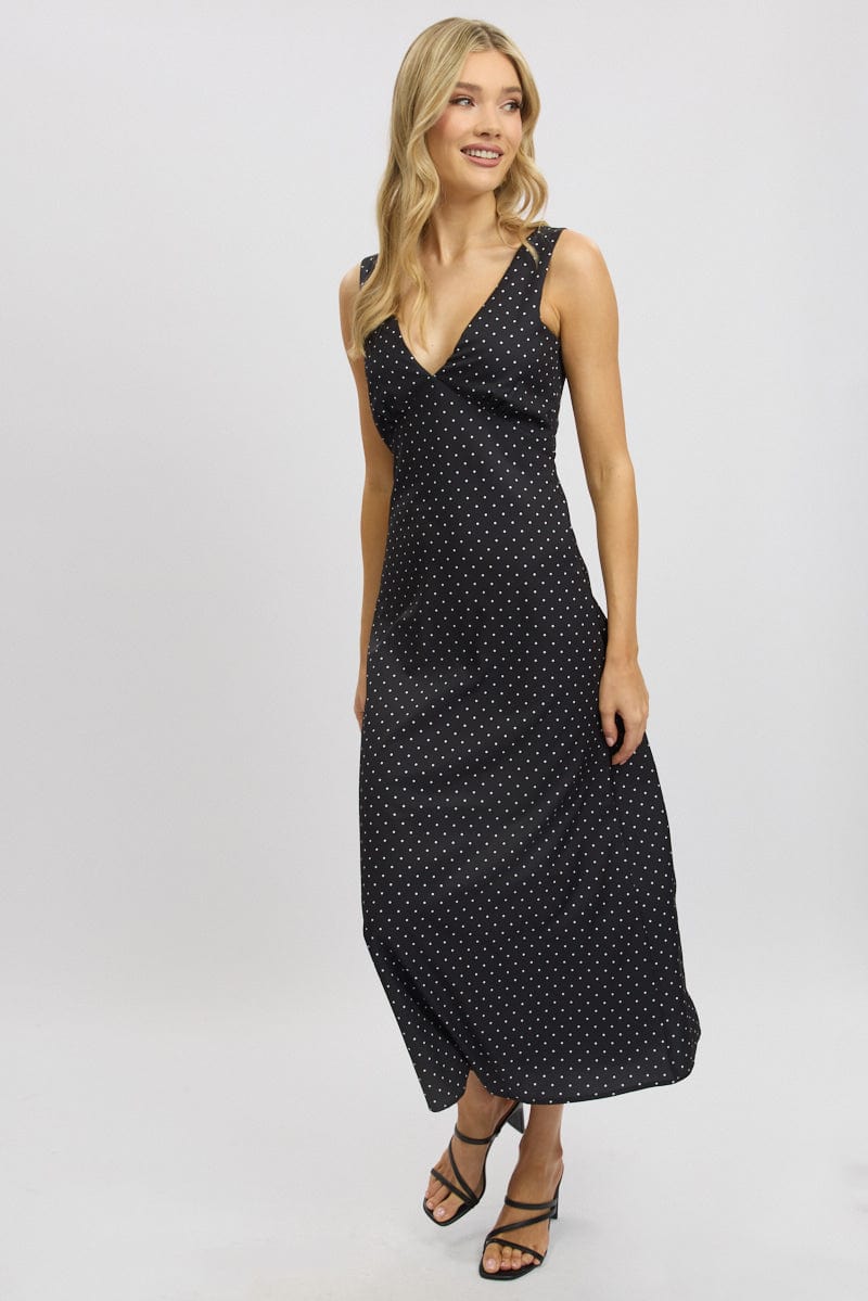 Black Polka Dot Maxi Dress V-neck