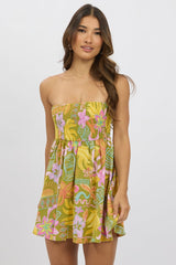 Green Abstract Strapless Dress Mini Tie Back