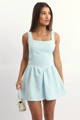 Blue Mini Dress Square Neck Tweed Fabric