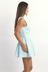 Blue Mini Dress Square Neck Tweed Fabric