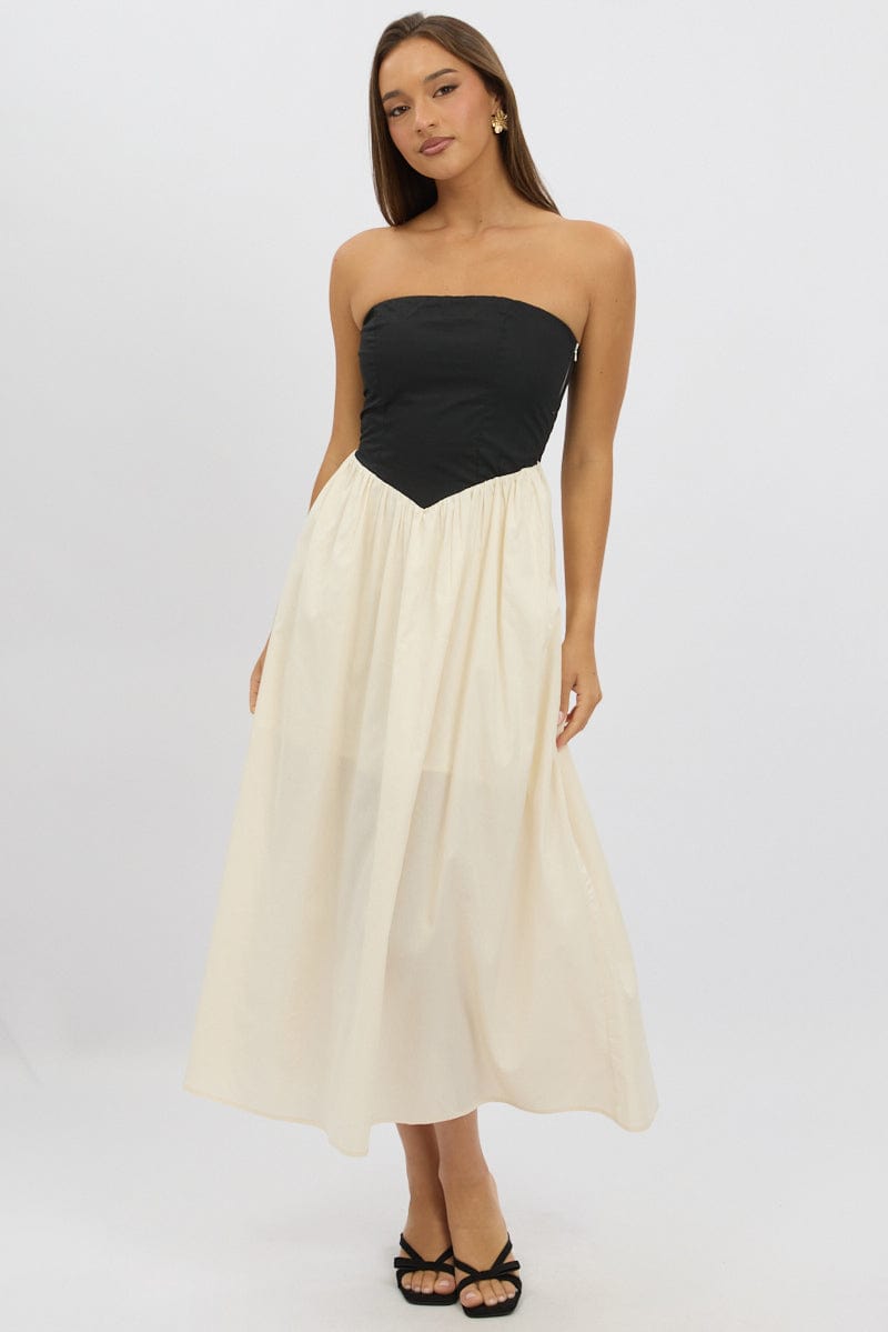 Beige Strapless Maxi Dress Colour Block