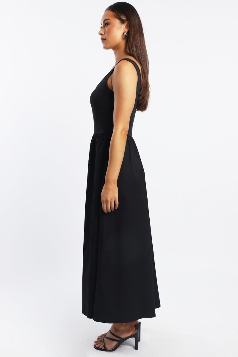 Black Midi Dress Ribbed Bodice