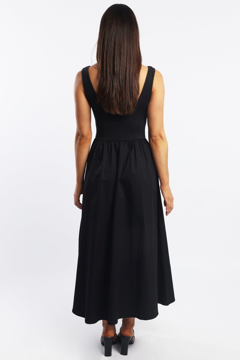 Black Midi Dress Ribbed Bodice