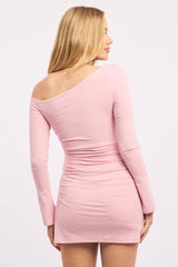 Pink Off Shoulder Mini Dress Long Sleeve