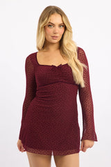 Red Mini Dress Long Sleeve Burn Out