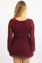 Red Mini Dress Long Sleeve Burn Out