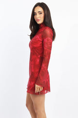Red Floral Mini Dress High Neck Long Sleeve Mesh