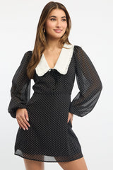 Black Polka Dot Mini Dress Collared