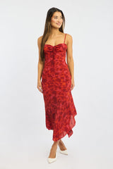 Red Floral Midi Dress Gathered Bust Strappy