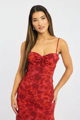 Red Floral Midi Dress Gathered Bust Strappy
