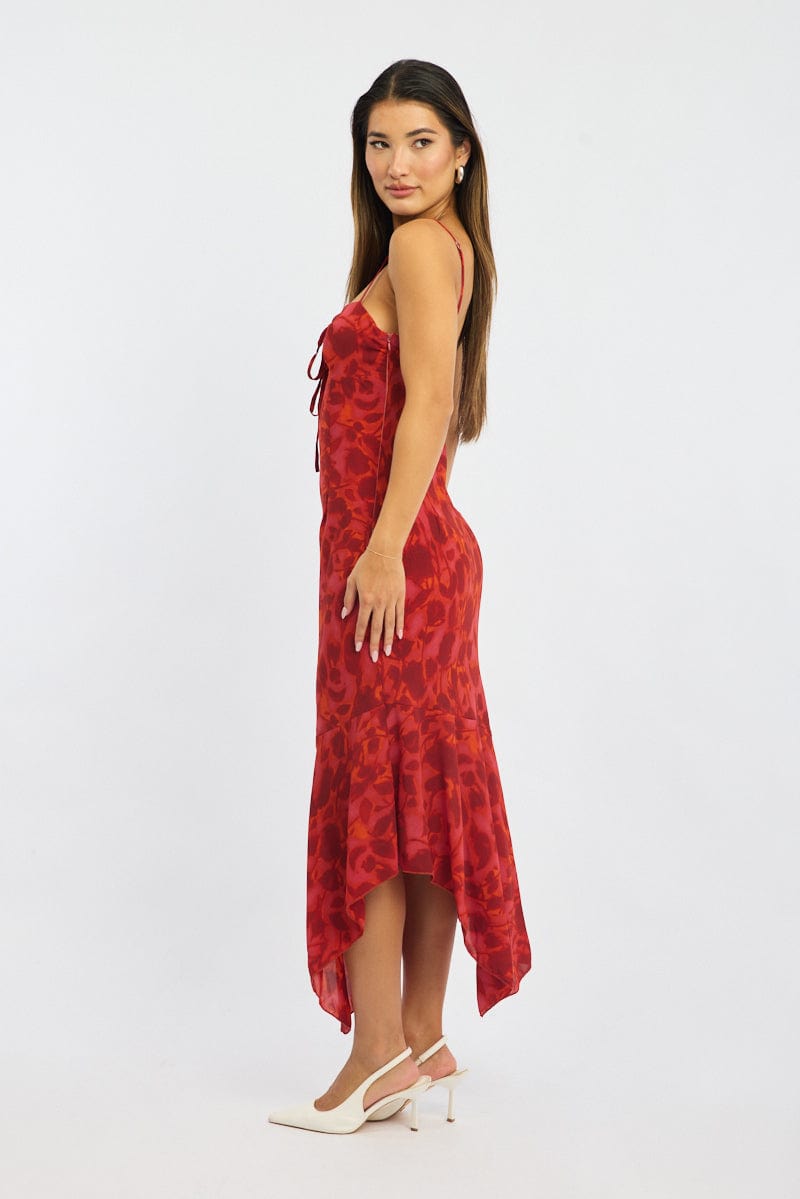 Red Floral Midi Dress Gathered Bust Strappy