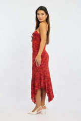 Red Floral Midi Dress Gathered Bust Strappy
