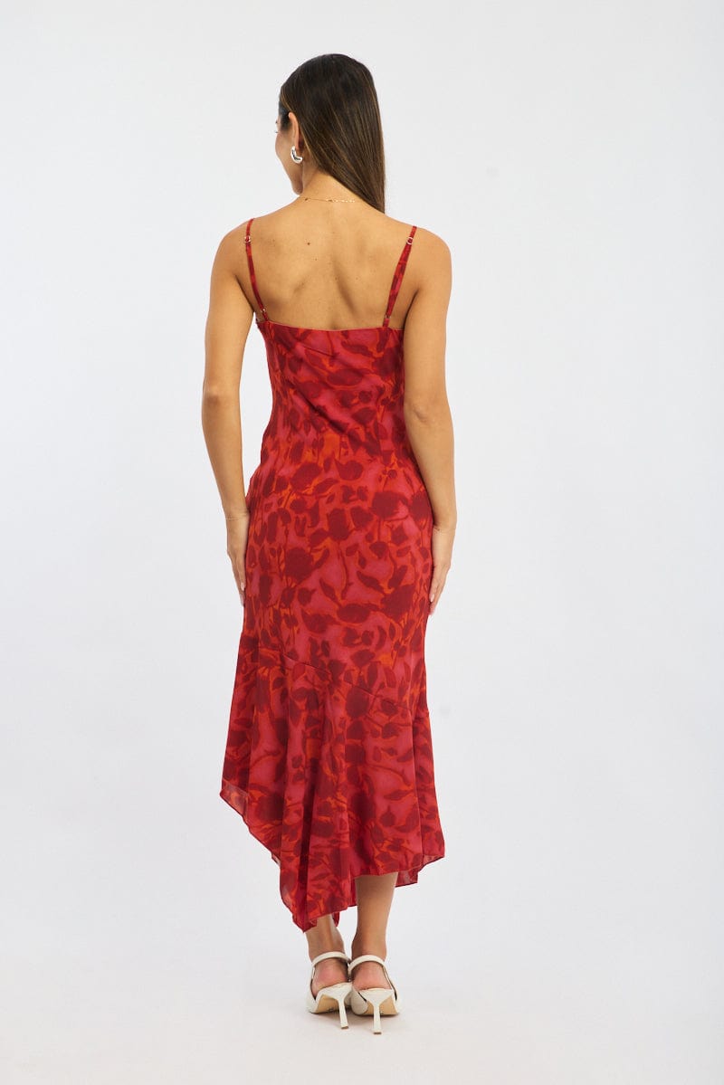 Red Floral Midi Dress Gathered Bust Strappy