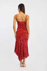 Red Floral Midi Dress Gathered Bust Strappy