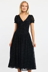 Black Midi Dress Puff Sleeve Burn Out