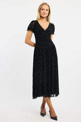 Black Midi Dress Puff Sleeve Burn Out